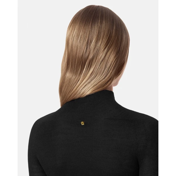 Versace Merino Wool Fitted Ribbed Knit Top in Black, view 3 | Tops