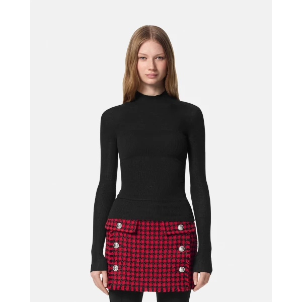 Versace Merino Wool Fitted Ribbed Knit Top in Black, view 4 | Tops