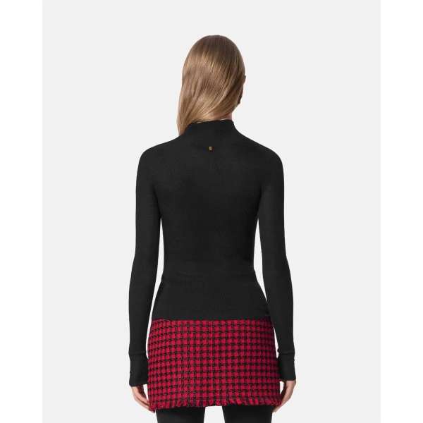 Versace Merino Wool Fitted Ribbed Knit Top in Black, view 5 | Tops
