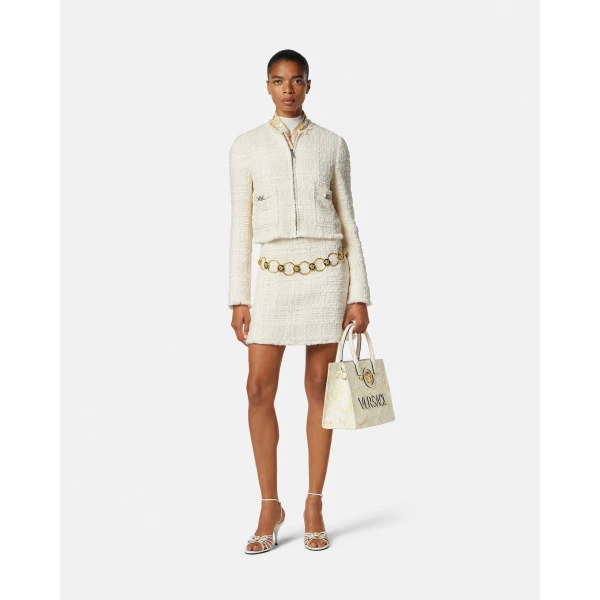 Versace Merino Wool Fitted Ribbed Knit Top in White, view 2 | Tops