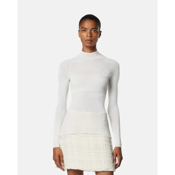 Versace Merino Wool Fitted Ribbed Knit Top in White, view 4 | Tops