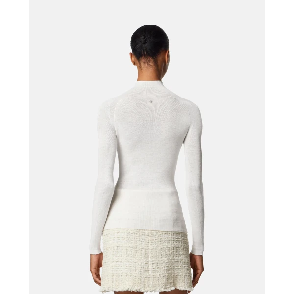 Versace Merino Wool Fitted Ribbed Knit Top in White, view 5 | Tops