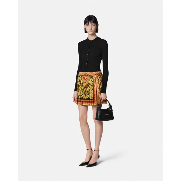 Versace Merino Wool Ribbed Knit Henley Top in Black, view 2 | Tops
