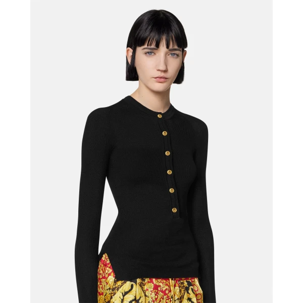 Versace Merino Wool Ribbed Knit Henley Top in Black, view 3 | Tops