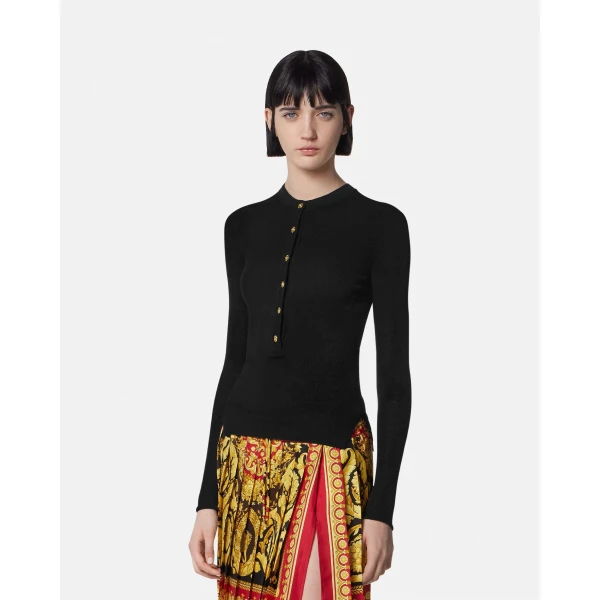 Versace Merino Wool Ribbed Knit Henley Top in Black, view 4 | Tops