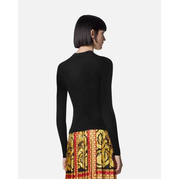 Versace Merino Wool Ribbed Knit Henley Top in Black, view 5 | Tops