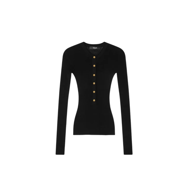 Merino Wool Ribbed Knit Henley Top in Black