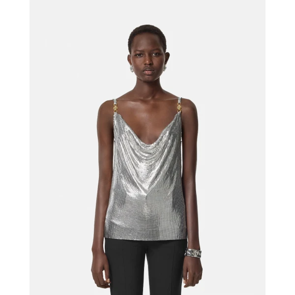 Versace Metal Mesh Camisole Top in Silver, view 4 | Camisoles