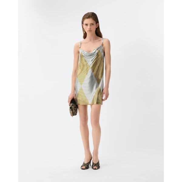 Versace Metal Mesh Mini Dress in Silver, view 2 | Mini Dresses
