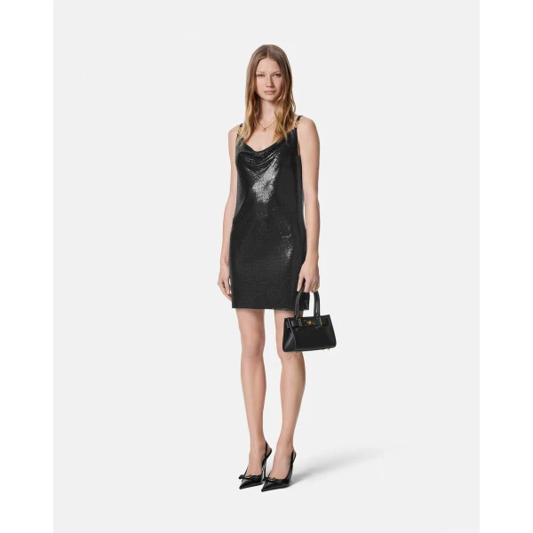 Versace Metal Mesh Slip Mini Dress in Black, view 2 | Mini Dresses