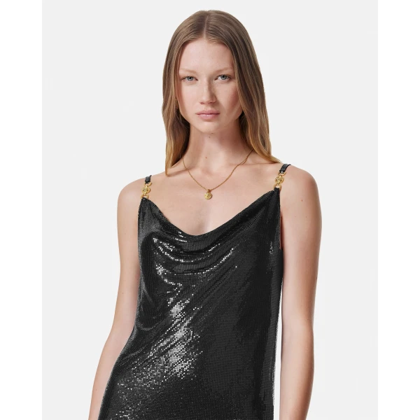 Versace Metal Mesh Slip Mini Dress in Black, view 3 | Mini Dresses
