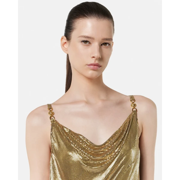 Versace Metal Mesh Slip Mini Dress in Gold, view 3 | Mini Dresses