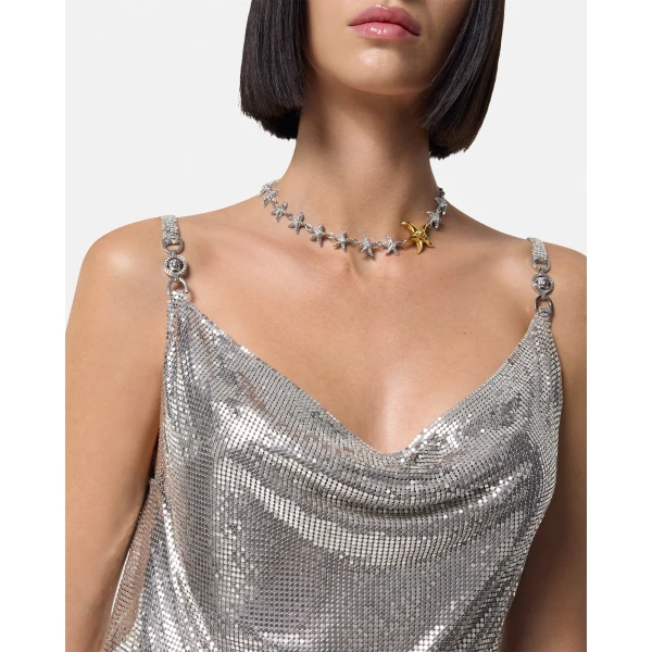 Versace Metal Mesh Slip Mini Dress in Silver, view 3 | Mini Dresses