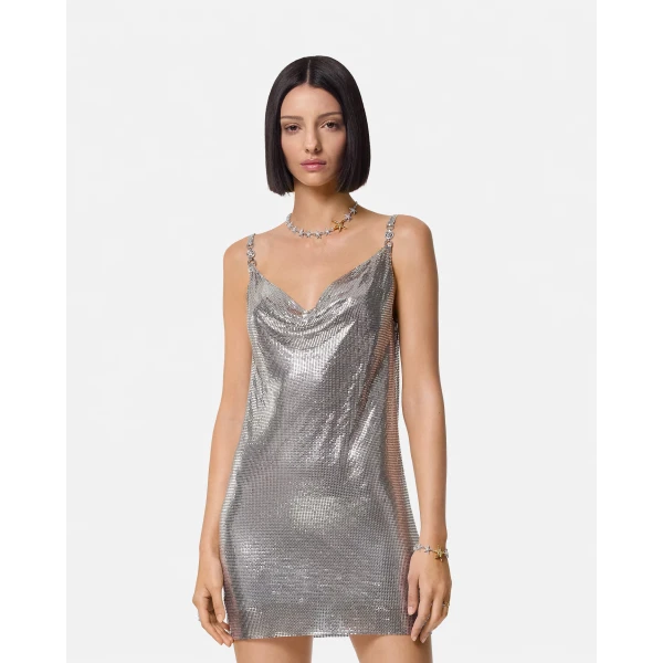 Versace Metal Mesh Slip Mini Dress in Silver, view 4 | Mini Dresses