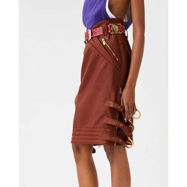 Versace Nappa Midi Skirt in Brown, view 4 | Leather Skirts