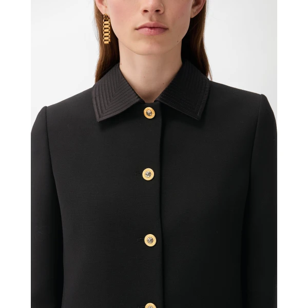 Versace Natté Wool Coat in Black, view 5 | Wool Coat