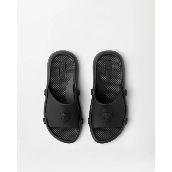 Versace Nettuno Rubber Slides in Black, view 2 | Flip Flops & Slides