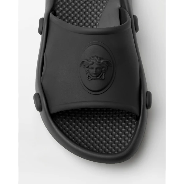 Versace Nettuno Rubber Slides in Black, view 4 | Flip Flops & Slides