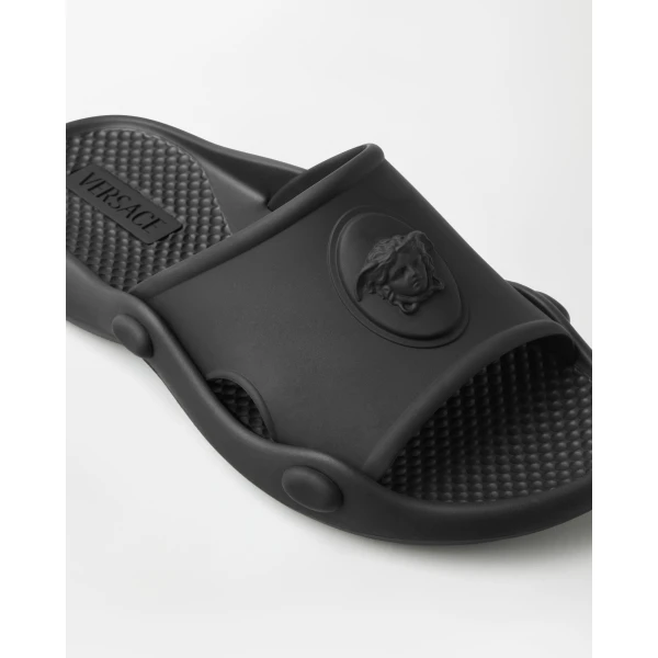 Versace Nettuno Rubber Slides in Black, view 5 | Flip Flops & Slides