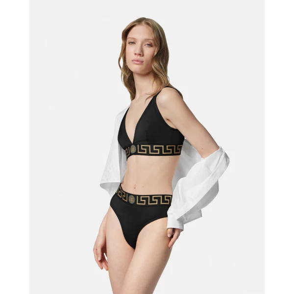 Versace Nylon-Blend Bikini Top in Black, view 2 | Bikini