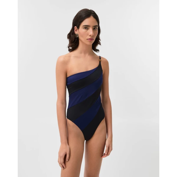 Versace One-Shoulder Swimsuit in Black and Blue, view 2 | Swimsuits