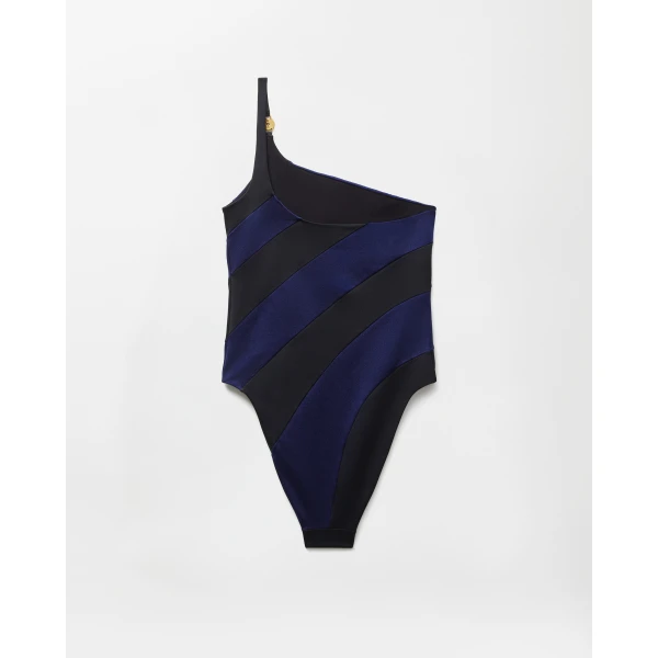Versace One-Shoulder Swimsuit in Black and Blue, view 4 | Swimsuits