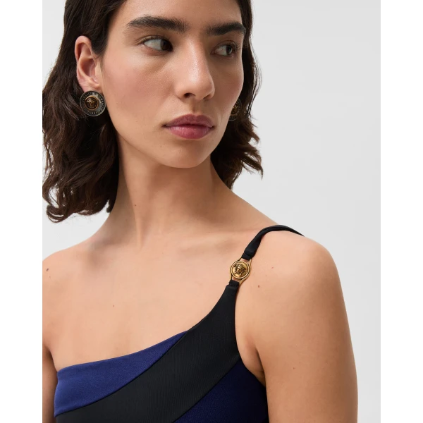 Versace One-Shoulder Swimsuit in Black and Blue, view 5 | Swimsuits