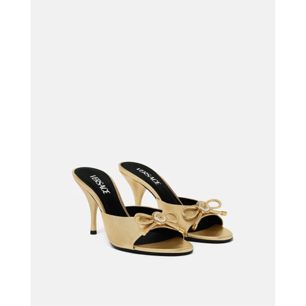 Versace Opera Bow Metallic Mules 85mm in Gold, view 2 | Mules