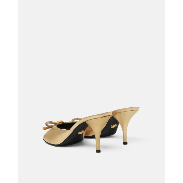 Versace Opera Bow Metallic Mules 85mm in Gold, view 3 | Mules