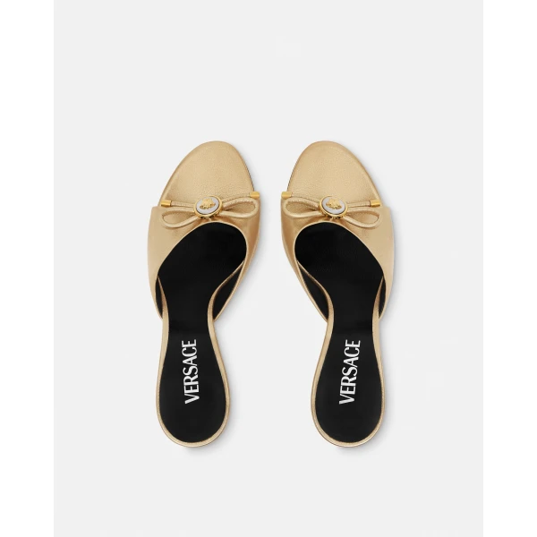 Versace Opera Bow Metallic Mules 85mm in Gold, view 4 | Mules