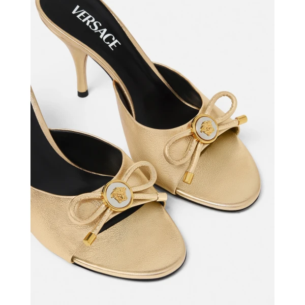 Versace Opera Bow Metallic Mules 85mm in Gold, view 5 | Mules