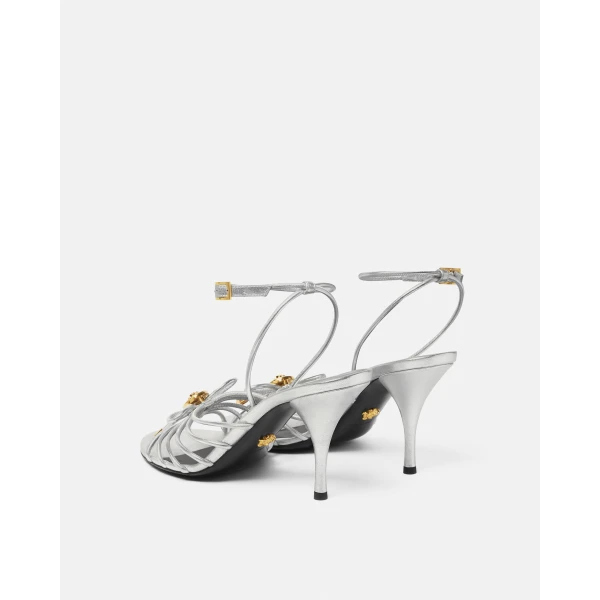 Versace Opera Bow Metallic Sandals 85 mm in Silver, view 3 | Sandals