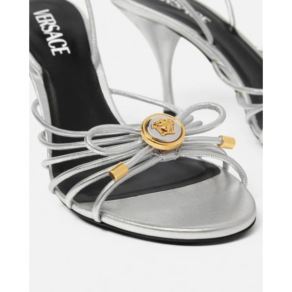 Versace Opera Bow Metallic Sandals 85 mm in Silver, view 4 | Sandals