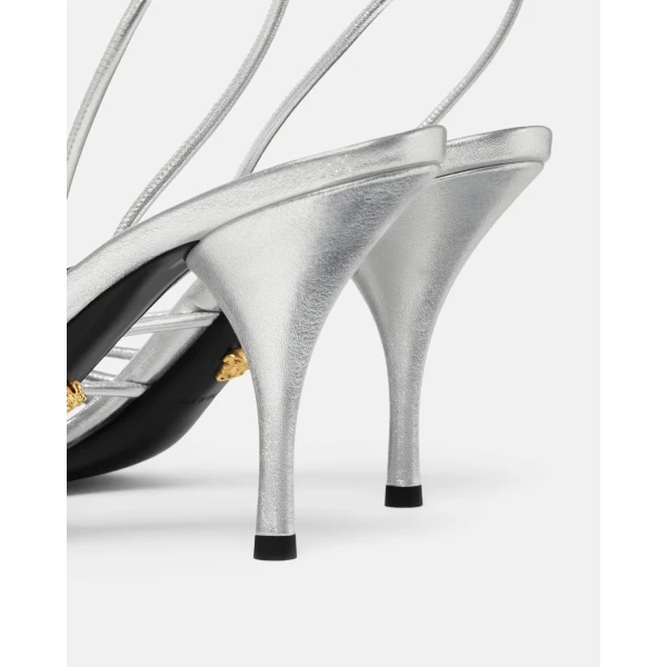 Versace Opera Bow Metallic Sandals 85 mm in Silver, view 5 | Sandals