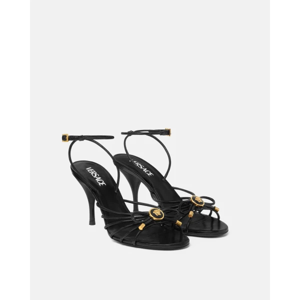 Versace Opera Bow Nappa Sandals 85 mm in Black and Gold, view 2 | Sandals