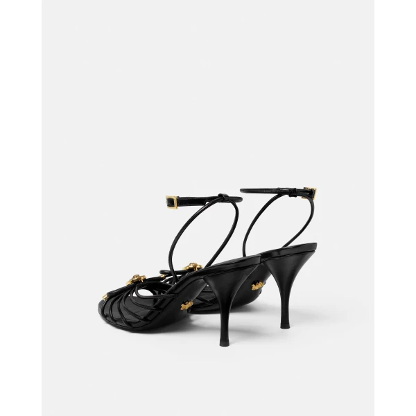 Versace Opera Bow Nappa Sandals 85 mm in Black and Gold, view 4 | Sandals