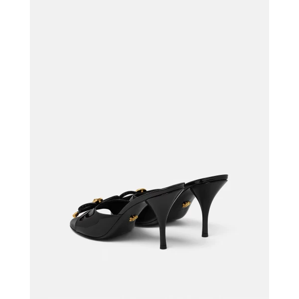 Versace Opera Bow Patent Mules 85 mm in Black and Gold, view 4 | Mules