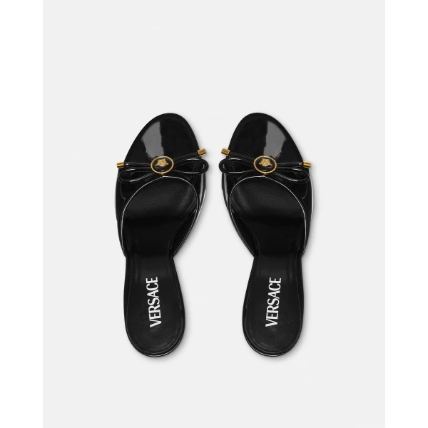 Versace Opera Bow Patent Mules 85 mm in Black and Gold, view 5 | Mules