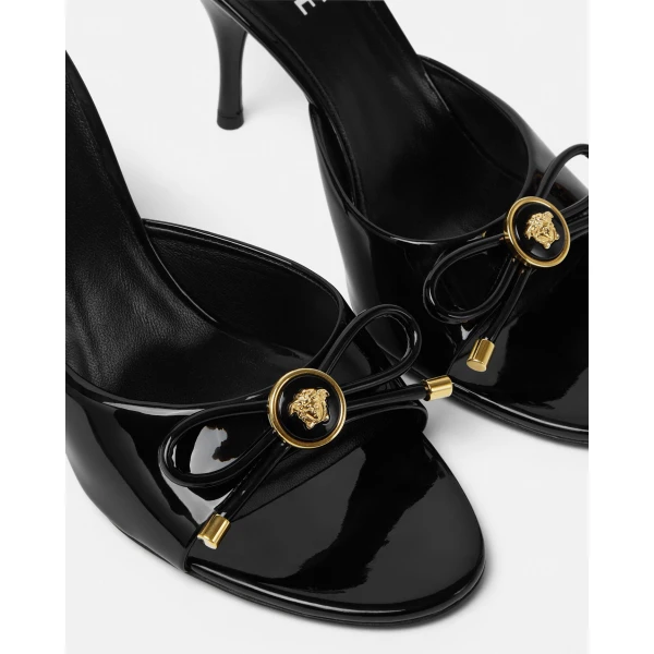 Versace Opera Bow Patent Mules 85 mm in Black and Gold, view 6 | Mules