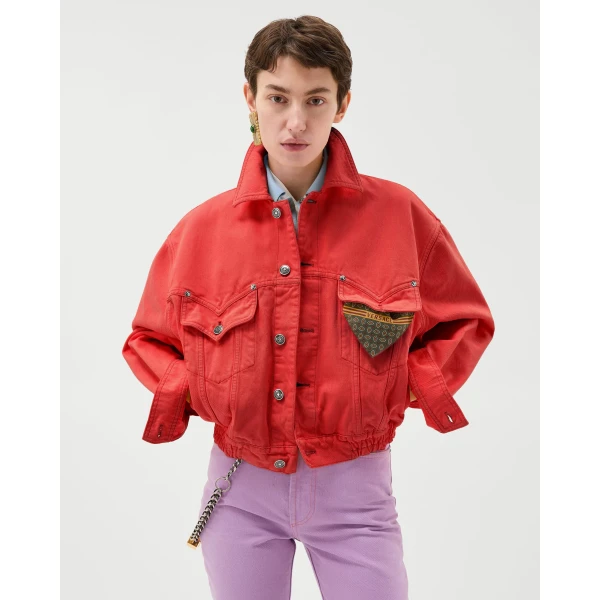 Versace Oversized Denim Blouson in Red, view 2 | Denim