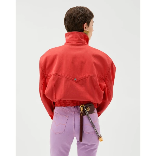 Versace Oversized Denim Blouson in Red, view 3 | Denim