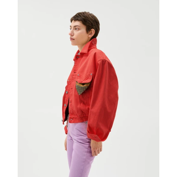 Versace Oversized Denim Blouson in Red, view 4 | Denim