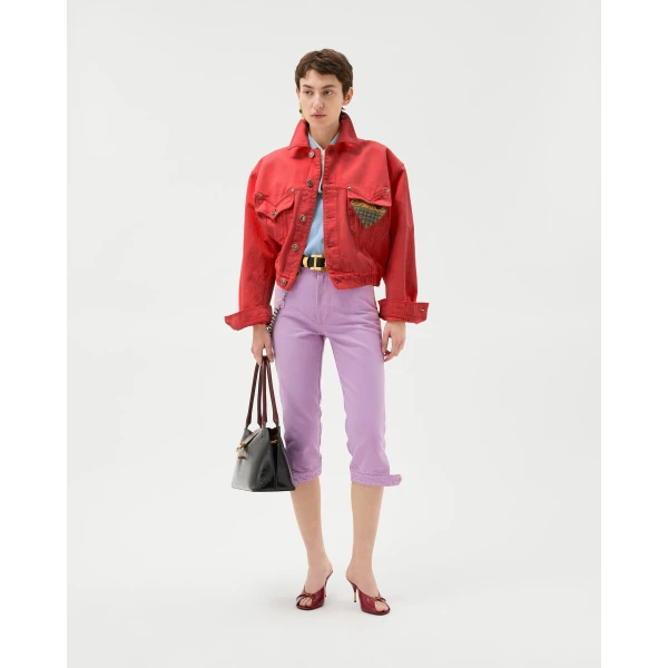 Versace Oversized Denim Blouson in Red, view 6 | Denim