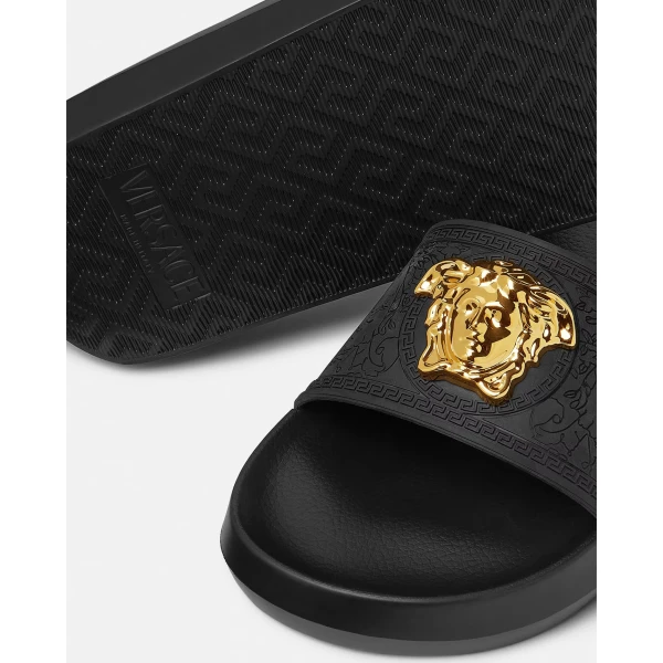 Versace Palazzo Rubber Sliders in Black, view 2 | Flip Flops & Slides