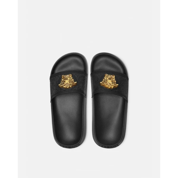 Versace Palazzo Rubber Sliders in Black, view 3 | Flip Flops & Slides