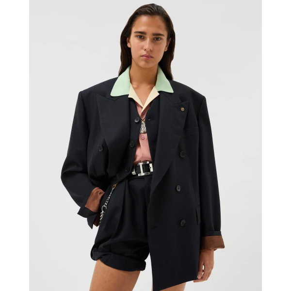 Versace Pinstripe Wool Blazer in Navy, view 2 | Blazers