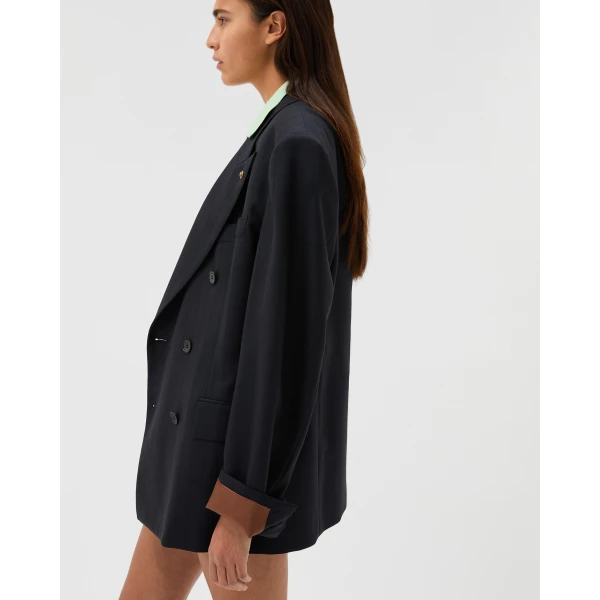 Versace Pinstripe Wool Blazer in Navy, view 4 | Blazers