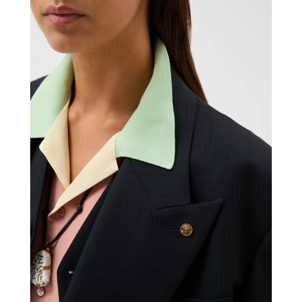 Versace Pinstripe Wool Blazer in Navy, view 5 | Blazers
