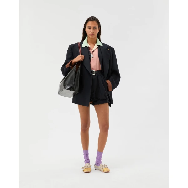 Versace Pinstripe Wool Formal Shorts in Navy, view 2 | Shorts