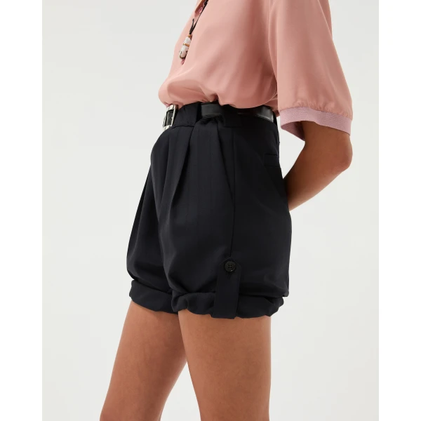 Versace Pinstripe Wool Formal Shorts in Navy, view 4 | Shorts